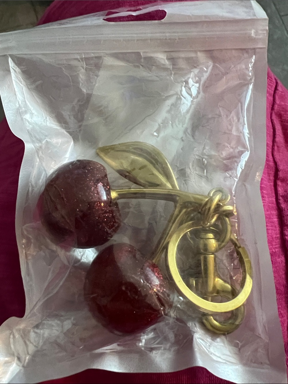 Gold Double Cherry Keychain with Red Glitter Charms - Picture 3 of 3